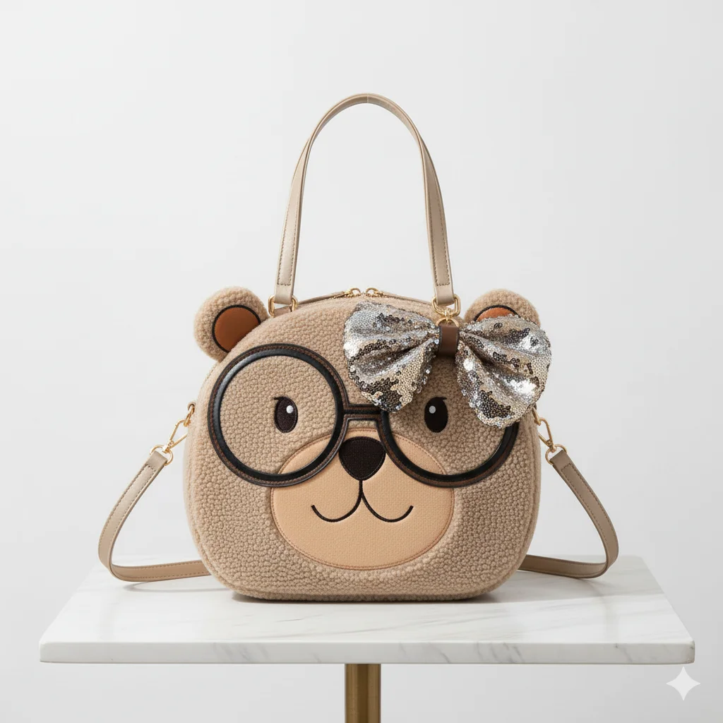 1479 (2) Charming "Bookworm Bear" Dark Chocolate Faux Shearling BTHandbag with Glasses & Sequin BowBT