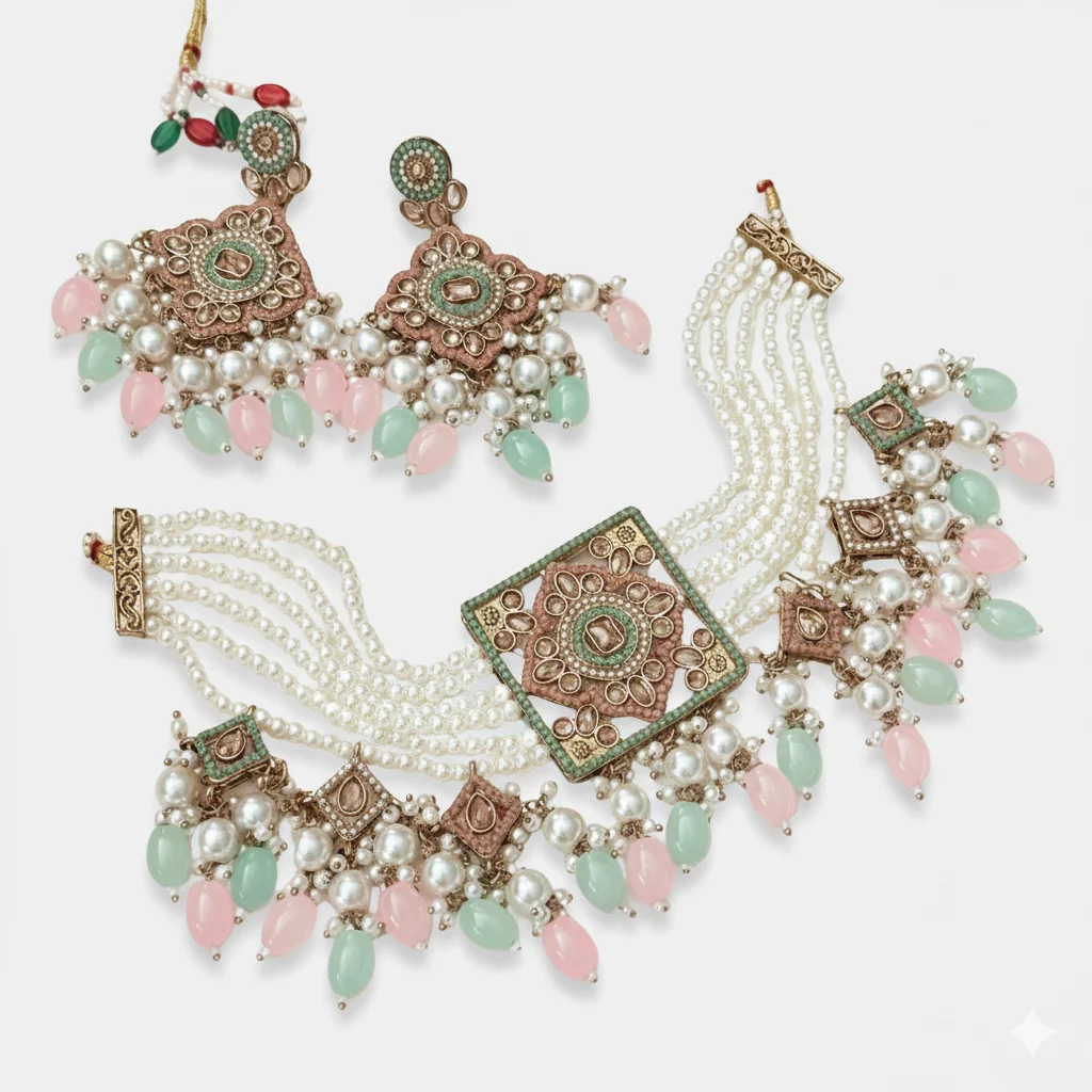 820 Regal Pearl Choker Necklace Set with Kundan-Meenakari Detail, Matching Earrings, and Maang Tikka GJ