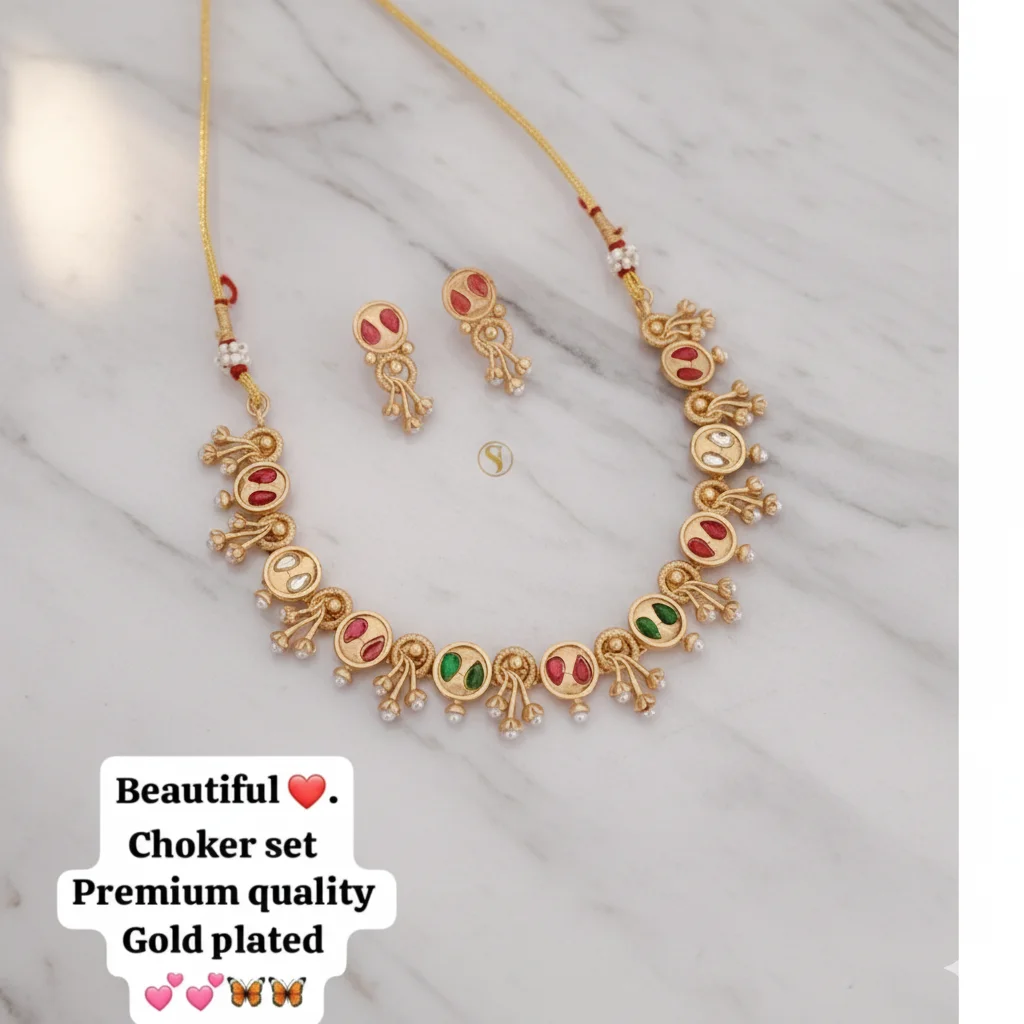 Generated Image November 20, 2025 - 4_55PM (2) Elegant Matte Gold Plated Coin Choker Necklace Set with Ruby, Emerald & Pearl Accents – Traditional Ethnic JewelleryGJ