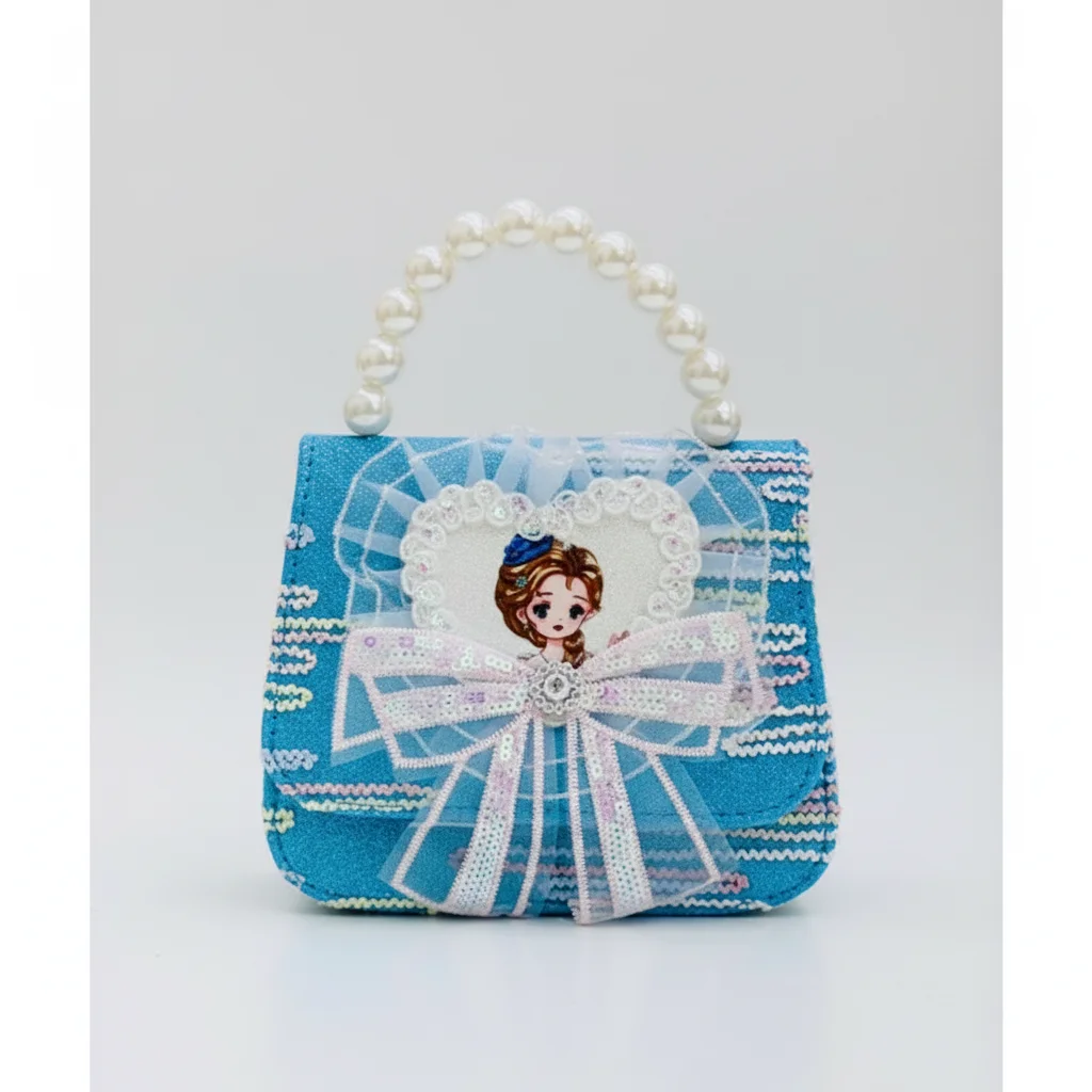 Generated Image November 21, 2025 - 2_11PM Little Girls’ Blue Tweed Princess Handbag with Pearl Handle & Sparkly Lace Bow – Cute Mini Tote for Kids & ToddlersBT