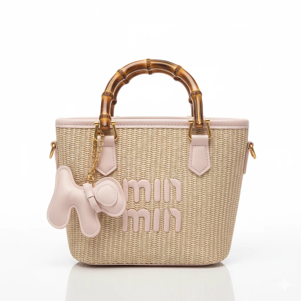 Generated Image November 22, 2025 - 4_54PM (1) Chic Woven Straw Tote with Bamboo Handle, Powder Blue Leather Trim, and "Min Min" Puppy CharmBT