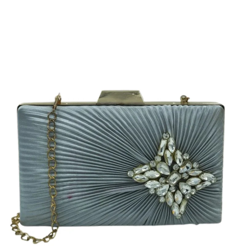 bags clutch bb (9) Women’s Elegant Silver Pleated Satin Box Clutch with Crystal Starburst Embellishment & Gold Chain Strap bb