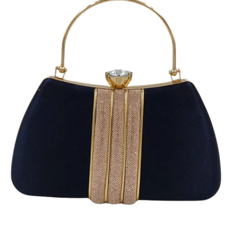 bb (11) Sophisticated Navy Blue Satin Hard-Shell Evening Clutch with Champagne Rhinestone Panel, Diamond-Cut Clasp & Gold Metal Handl