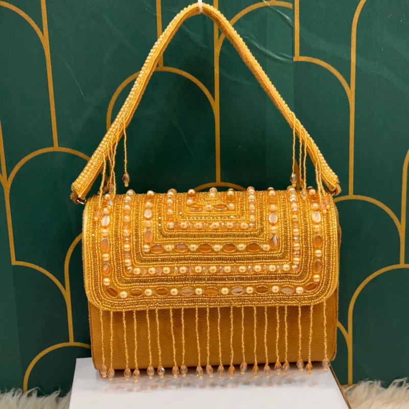 1199 SM (6) Luxury Cream & Gold Beaded Evening Bag with Crystal Fringe