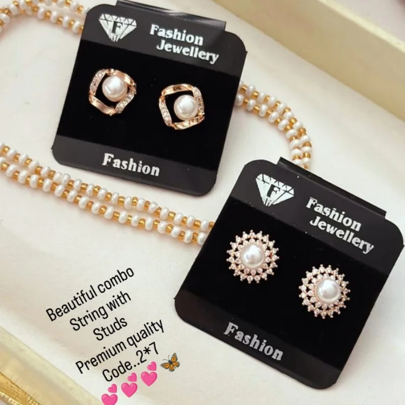 369 gj (11) Premium White Pearl & Gold Beaded Mala Necklace with Dual Designer Pearl & AD Stud Earring Combo Set