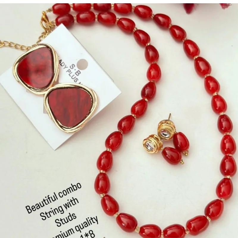 379 gj (3) Glossy Oval Bead Necklace with Geometric Marbled Studs & Crystal Drop Earrings