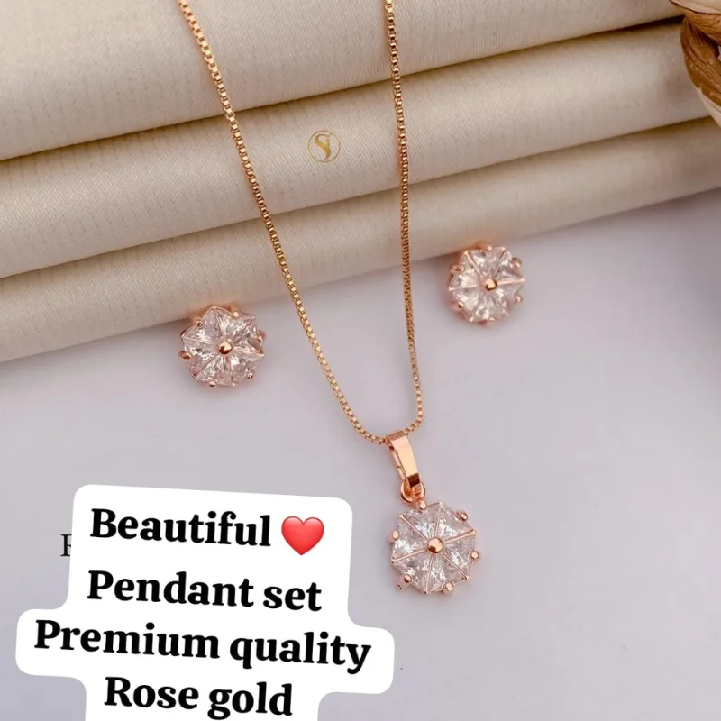 399 fgj (1) Premium Rose Gold 6-Petal Sparkling Faceted Crystal Flower Pendant