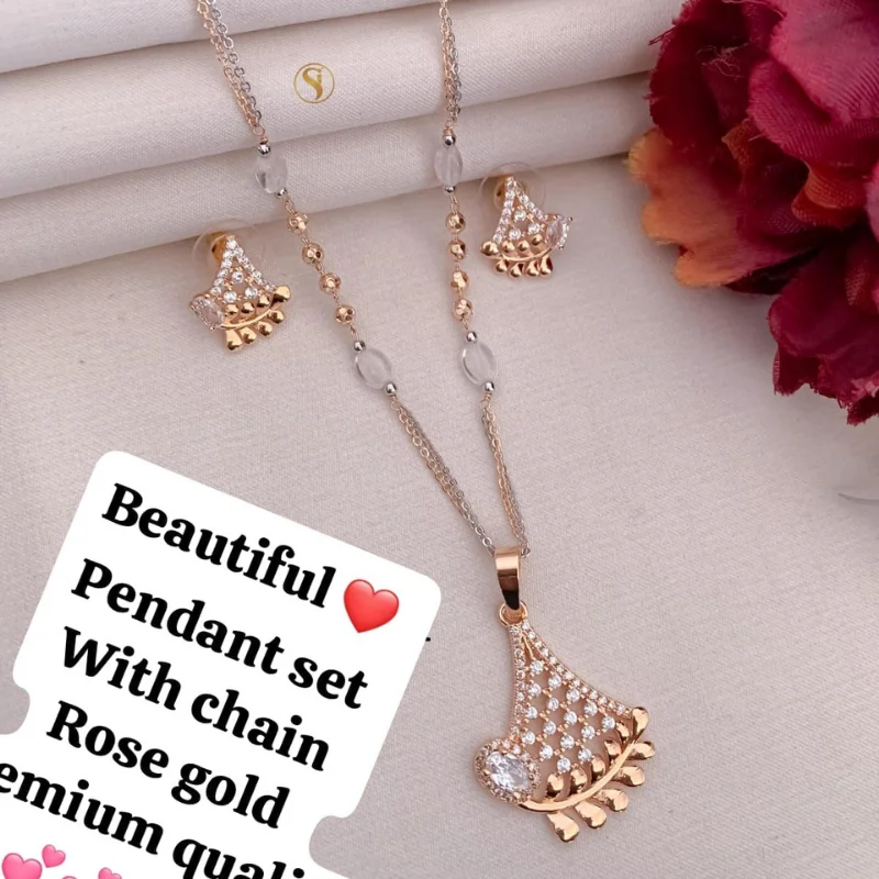 419 gj (4) Premium Rose Gold Fan-Shaped Lattice Pendant Set with Designer Beaded Chain