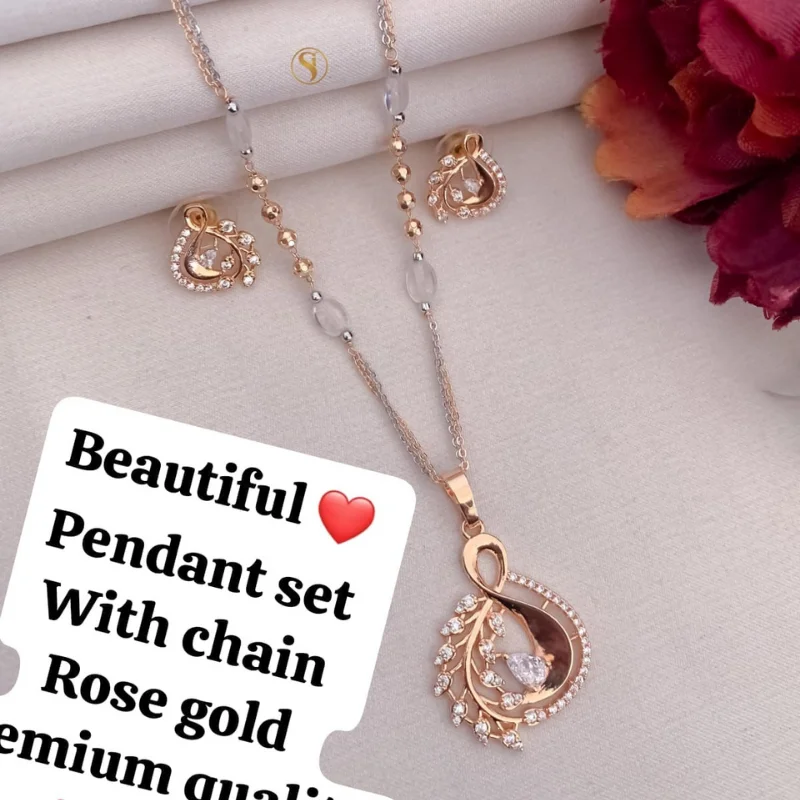 419 gj (9) Premium Rose Gold Stylized Motif Pendant Set with Designer Beaded Chain