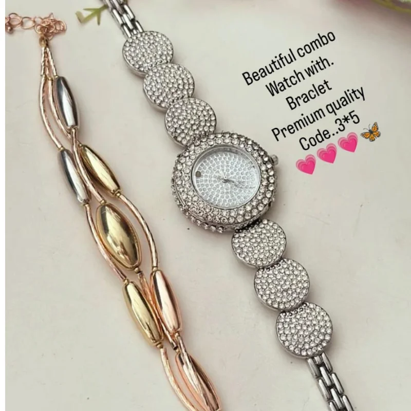 449 GJ (15) Luxury Round Pave-Crystal Silver-Tone Watch & Tri-Tone Orbital Link Bracelet Combo Set for Women