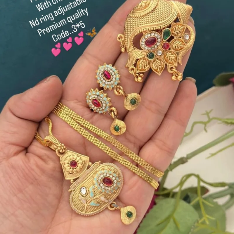 449 gj (1) Exquisite Antique Gold-Plated Jewelry Set with Statement Pendant, Earrings, and Adjustable Ring