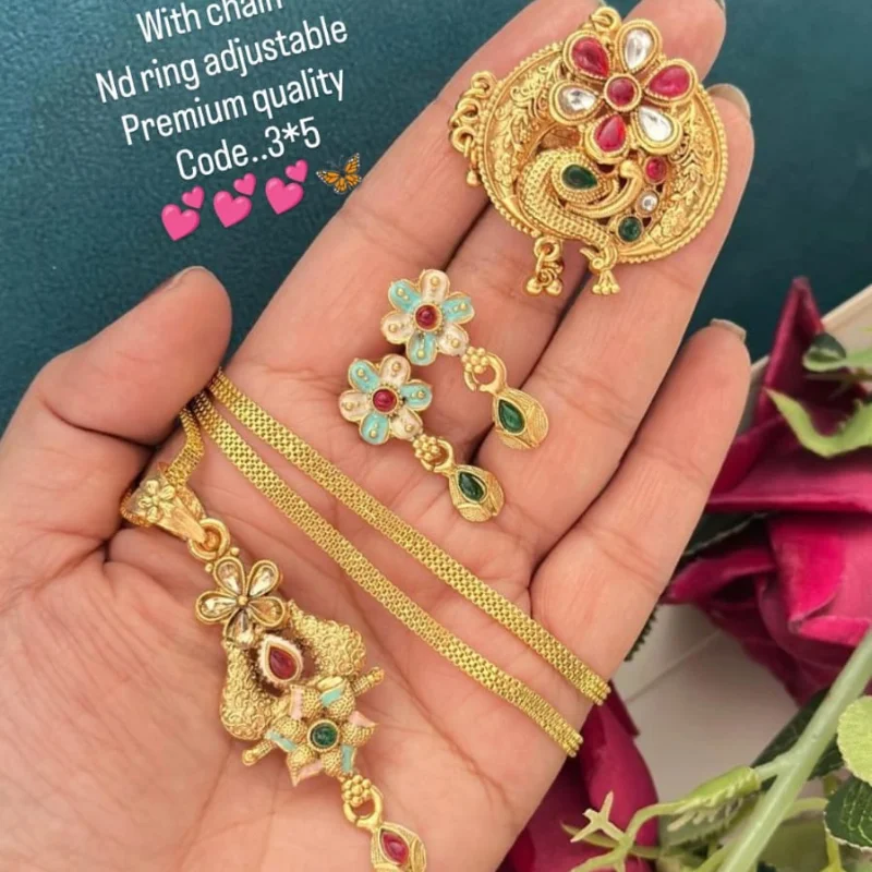 449 gj (7) Traditional Antique Gold-Plated Jewelry Set with Peacock Statement Ring, Floral Meenakari Pendant, and Earrings