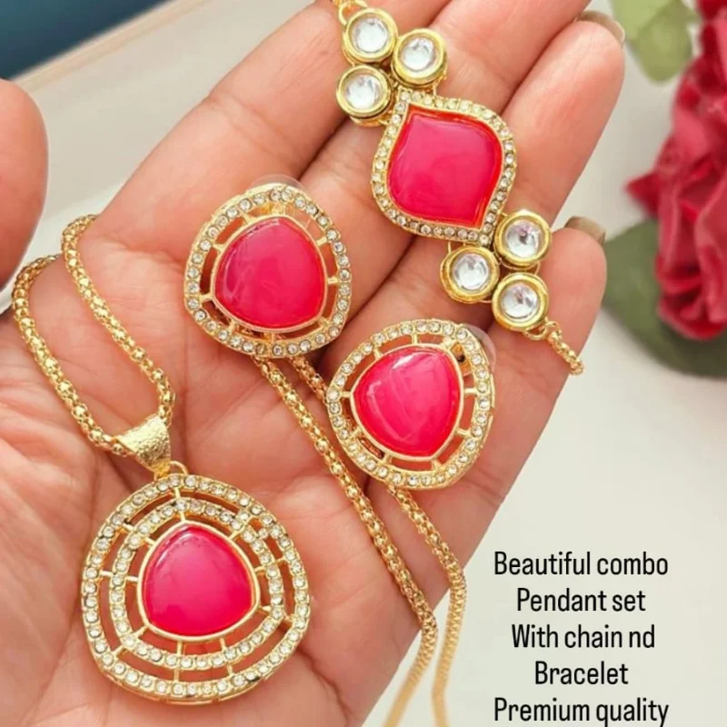 479 gj (9) Gold-Toned Geometric Pendant Set with Chain, Matching Stud Earrings, and Designer Bracelet Combo