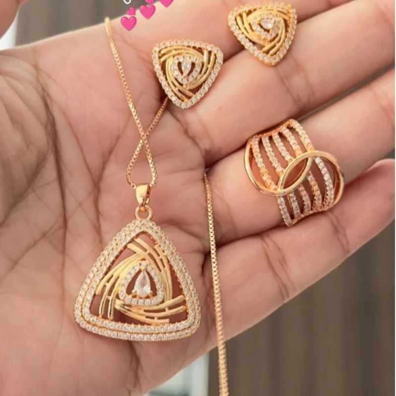 549 gj (4) Modern 4-Piece Gold-Plated Triangular Filigree Jewelry Set