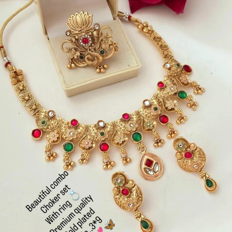 589 gj (6) Premium Traditional Gold-Plated Meenakari Choker Necklace Set