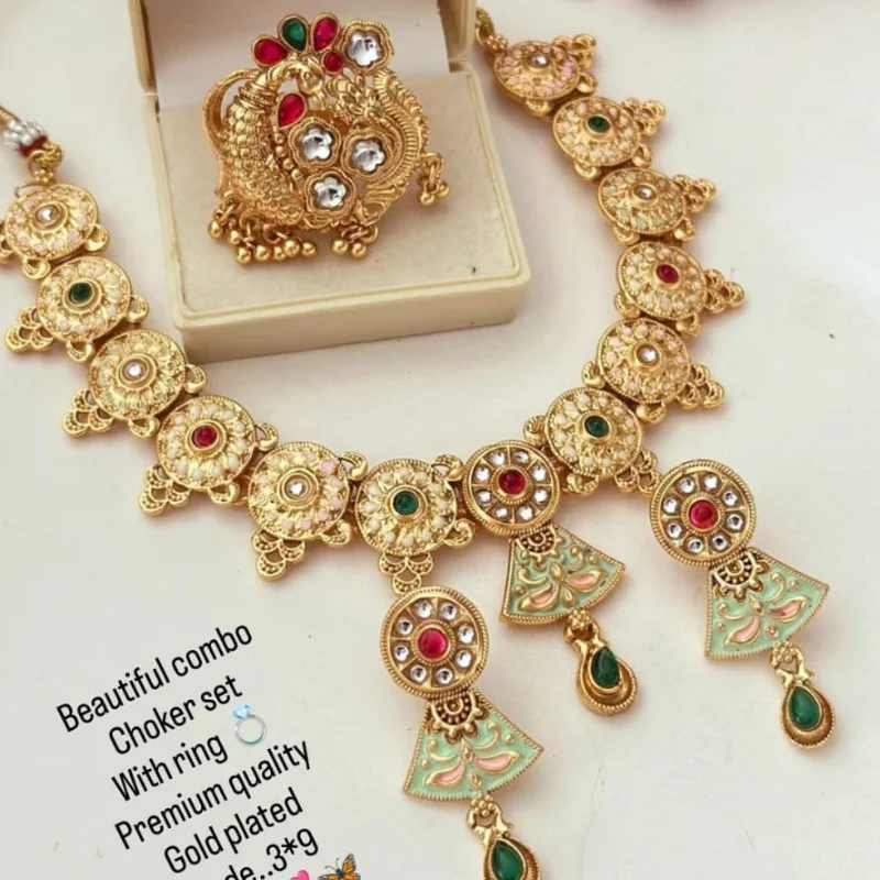 589 gj (7) Premium Traditional Gold-Plated Meenakari Choker Necklace Set