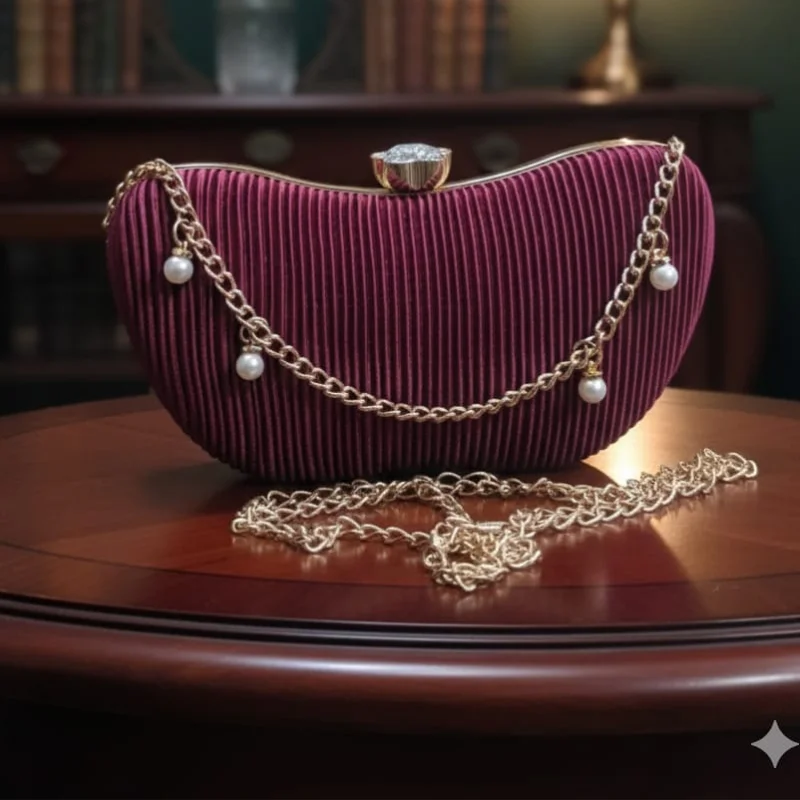 625 sm (4) Crescent Evening Clutch with Draped Pearl Chain and Crystal Clasp