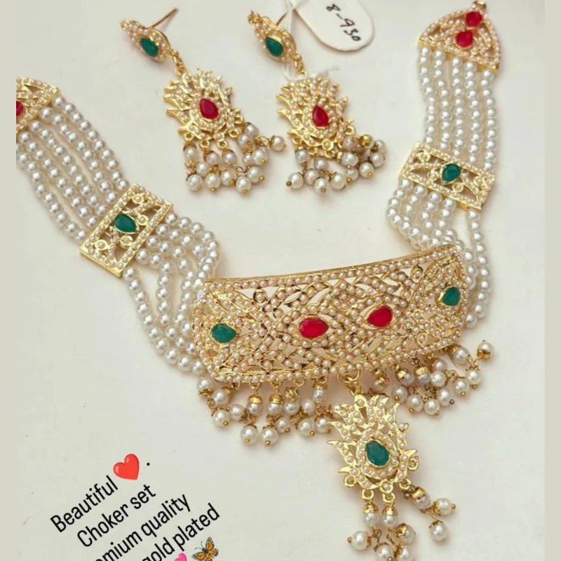 699 gj (2) Traditional 1-Gram Gold-Plated 4-Strand Pearl Choker Necklace Set