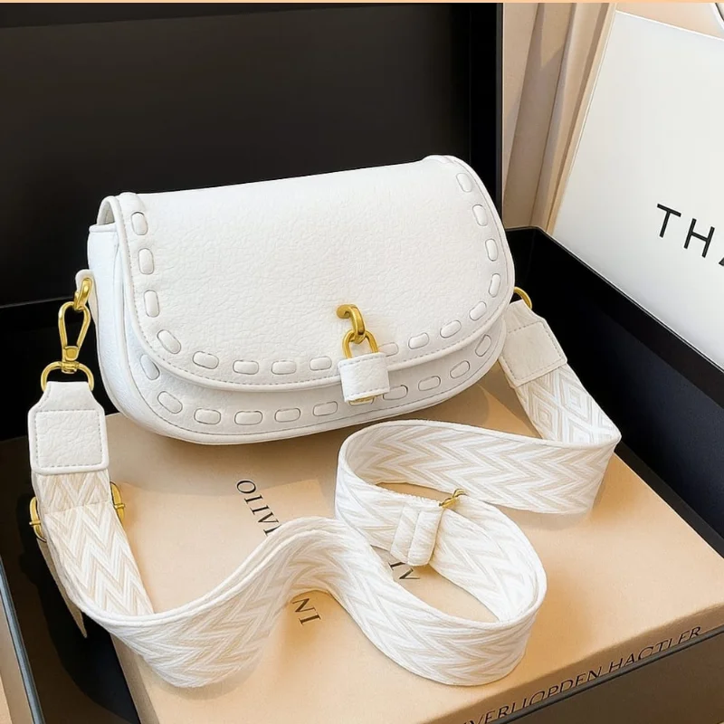 799 sm (1) Saddle Crossbody Bag with Wide Woven Chevron Strap