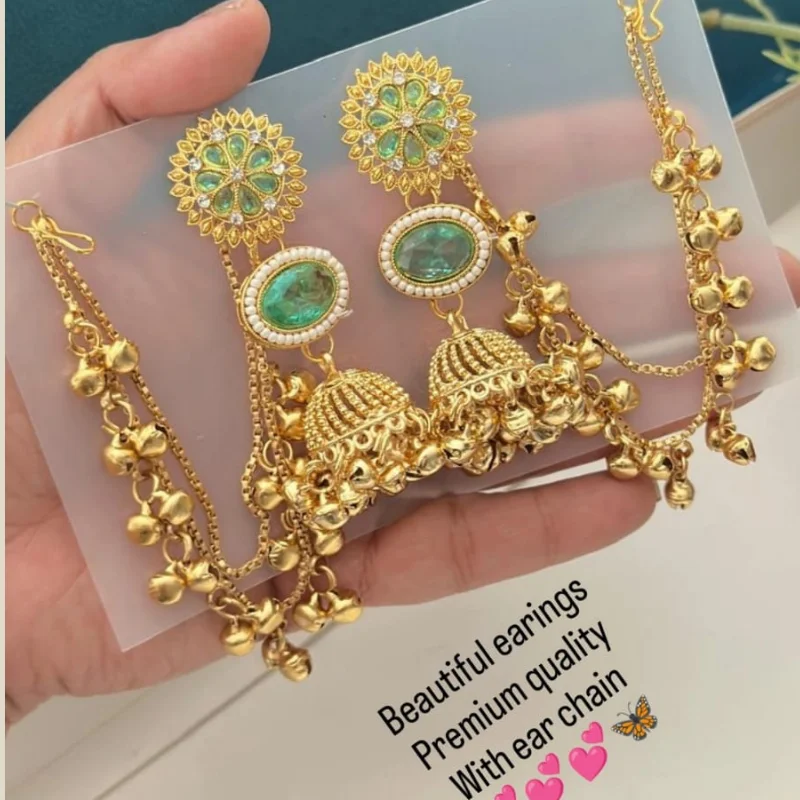 gj (62) Bahubali Jhumka Earrings with Attached Bell Ear Chains