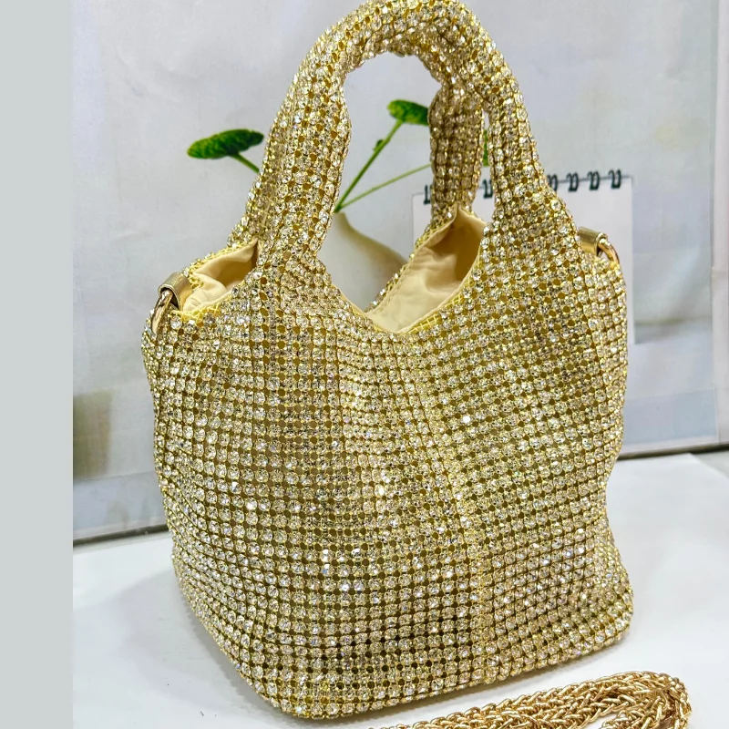 1149 sm (1) Luxury Gold Rhinestone Embellished Crystal Mesh Bucket Bag