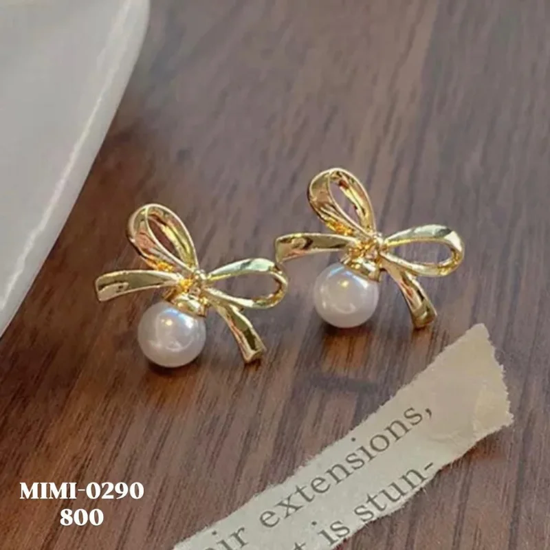 119 each & 350 on 5 pcs gj (10) Mimi Gold Ribbon Bow & Pearl Drop Stud Earrings (Model: MIMI-0290)