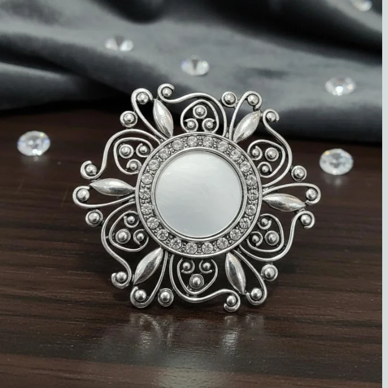 259 PM (1) Traditional Silver Oxidized Round Kundan Statement Adjustable Finger Ring for Women