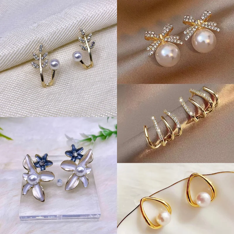 349 gj (2) Luxury Korean Fashion Jewelry Set – Sparkling Bow & Pearl Studs, Floral, and Multi-Row Ear Cuffs
