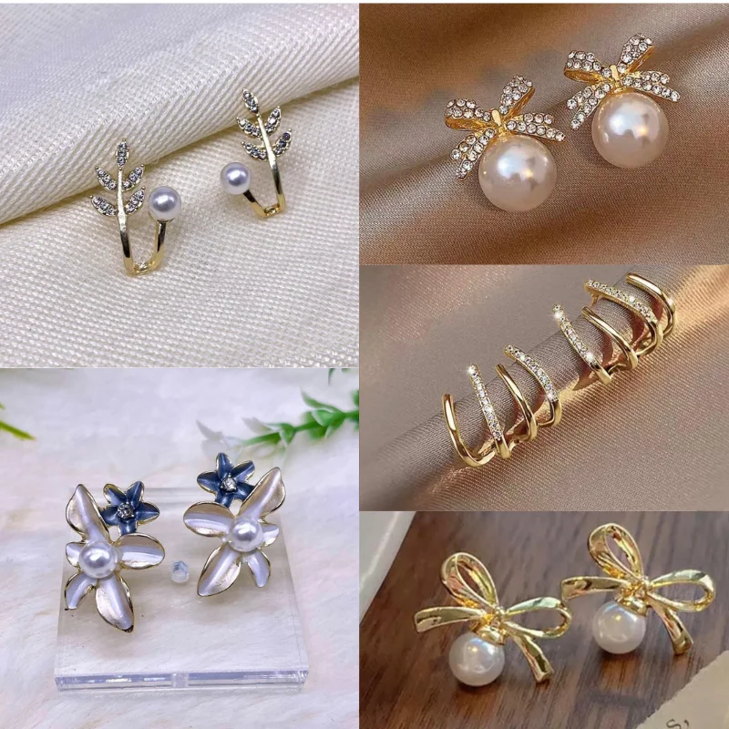 349 gj (3) Elegant Korean Fashion Jewelry Set – Sparkling Bows, Floral Pearls & Multi-Row Ear Cuffs