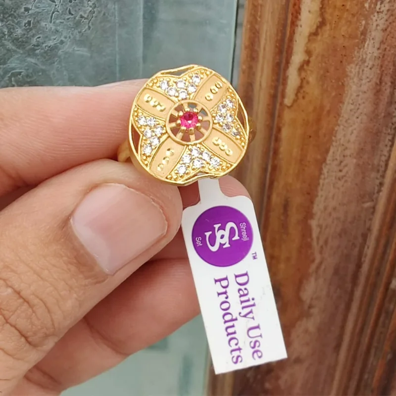 359 PM (4) Shreeji Set Gold-Plated Four-Petal Statement Ring with Radiant Red Center and Glistening Crystal Accents