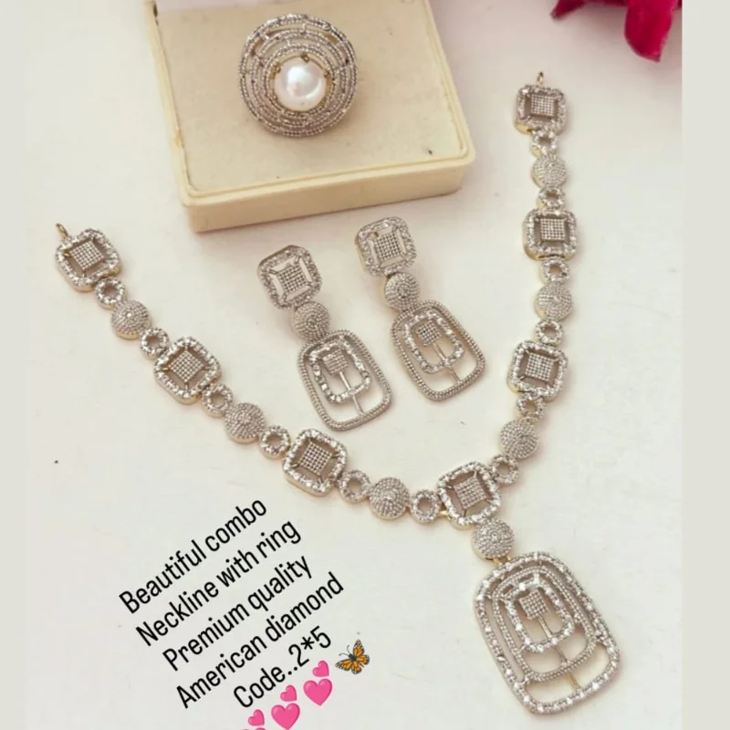 449 gj (1) Premium Geometric American Diamond Necklace Set with Matching Drop Earrings and Pearl Halo Ring