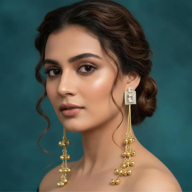 449 pm (28) Geometric Crystal Halo & Triple Gold Bead Tassel Earrings