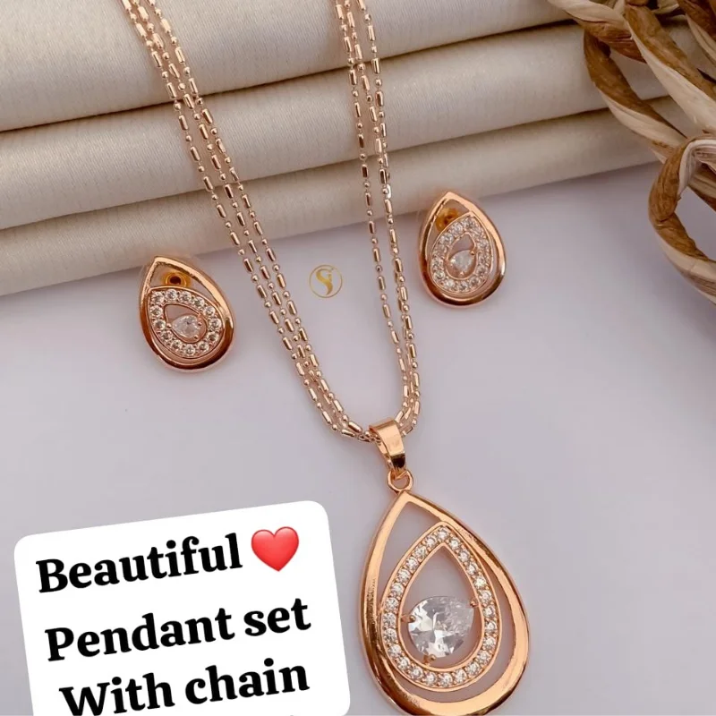 499 gj (9) Elegant Rose Gold Double Teardrop Pendant Set