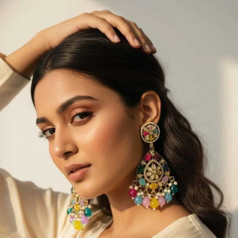 499 pm (13) Imperial Navratna-Inspired Floral Kundan Chandelier Earrings with Pastel Bead Fringe