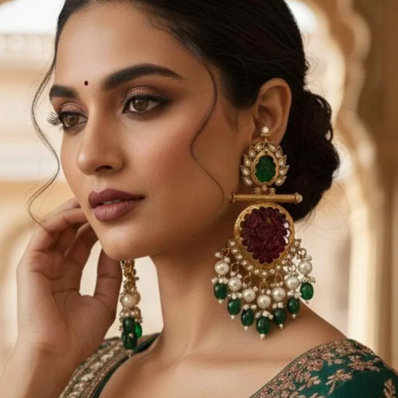 499 pm (7) Imperial Heritage Carved Emerald & Ruby Temple Chandelier Earrings