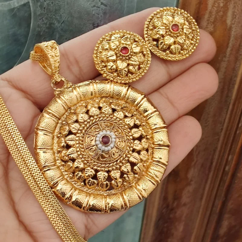 559 PM (10) Traditional 1-Gram Gold-Plated Embossed Leaf Motif Circular Pendant & Earring Set