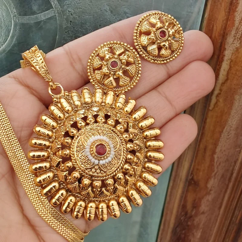 559 PM (3) Traditional 1-Gram Gold Sunburst Chakra Pendant & Earring Set