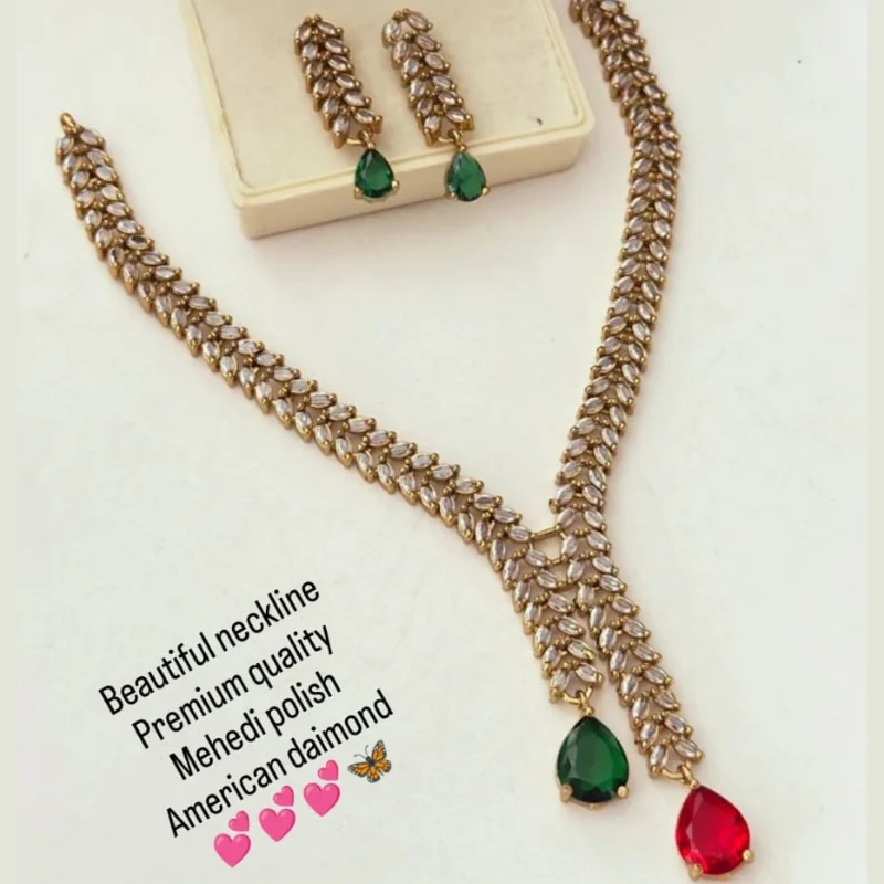 579 gj (21) Premium Mehendi Polish American Diamond Necklace Set with Dual-Tone Ruby Red & Emerald Green Drops