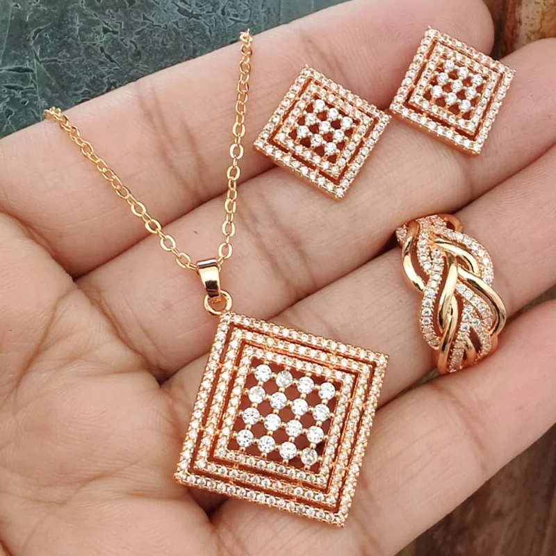 599 pm (15) Rose Gold Plated Geometric Square Jewelry Set – Concentric CZ Pendant Necklace, Stud Earrings, and Braided Statement Ring
