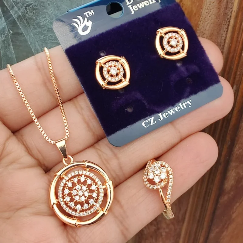 599 pm (16) Rose Gold Plated Celestial Halo Jewelry Set – Filigree CZ Pendant Necklace, Matching Studs, and Swirl Statement Ring
