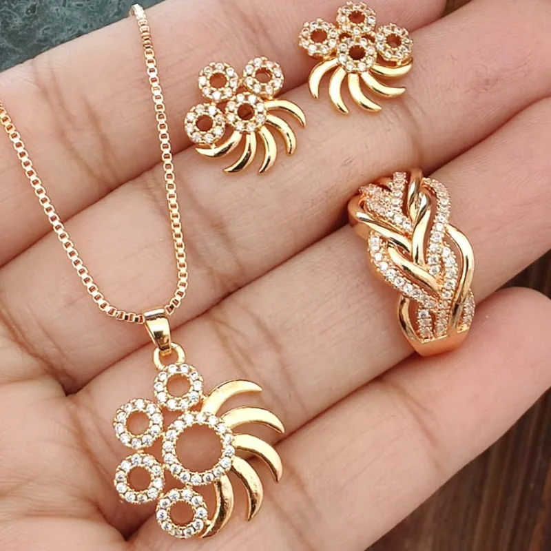599 pm (18) Rose Gold Plated Swirling Celestial Bloom Jewelry Set – CZ Pinwheel Pendant, Matching Earrings, and Braided Infinity Ring