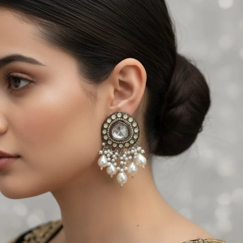 639 pm (7) Traditional Antique Silver Medallion Earrings with Cascading Pearl Fringe