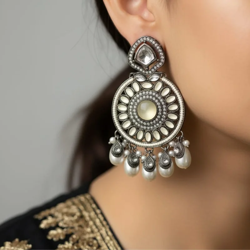 639 pm (8) Antique Oxidized Silver-Plated Round Chandbali Earrings with Kundan Accents and Pearl Drops