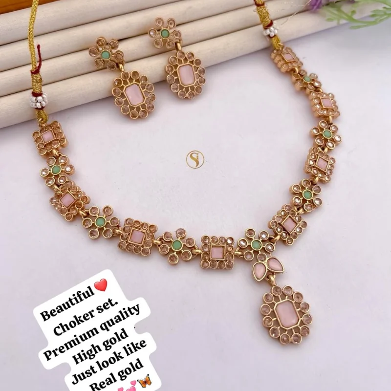 649 gj (2) Premium High-Gold Plated Light Pink & Sea Green Stone Choker Set with Floral Earrings