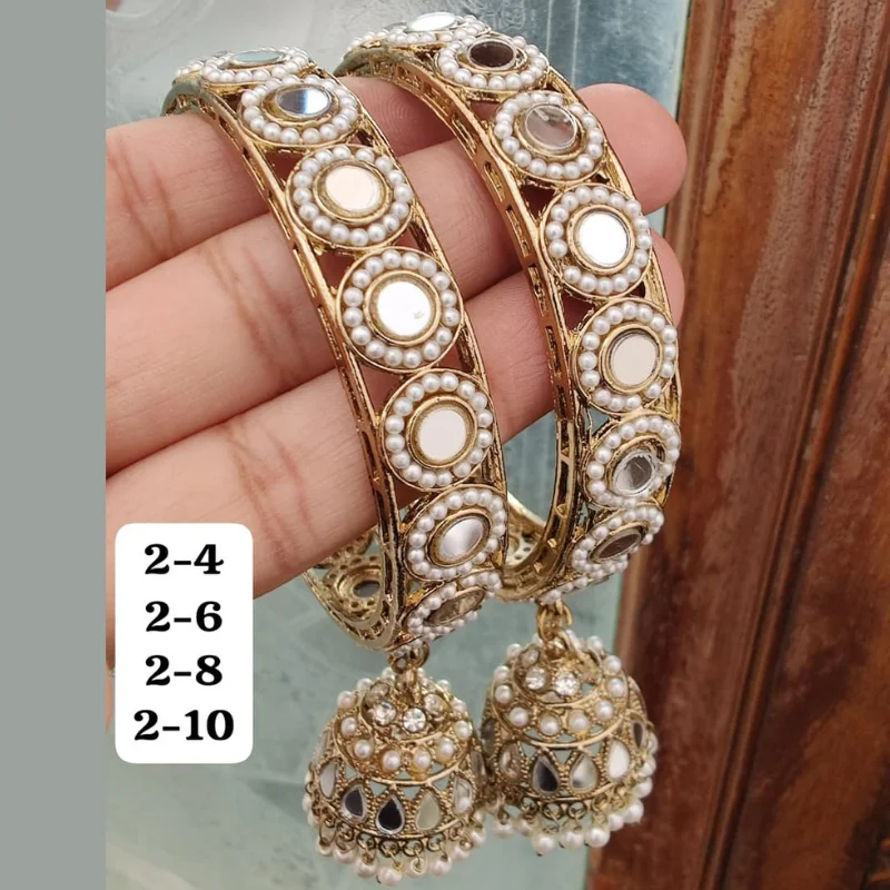 659 pm (10) Vibrant Multi-Color Teardrop Stone & Pearl Gold-Plated Bangles with Dangling Jhumkas