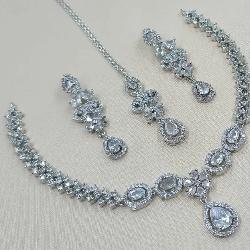 749 PM (1) Elegant Silver-Plated Ruby Red & American Diamond Floral Jewelry Set