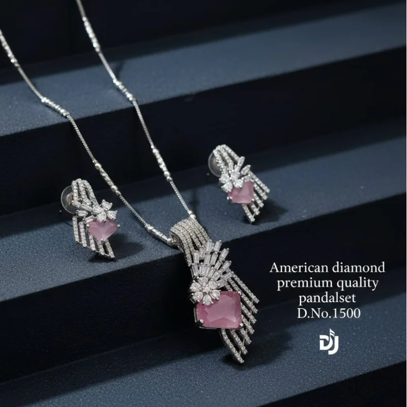 999 pm (3) Dreamjwell Premium American Diamond & Pink Gemstone Architectural Pendant Set