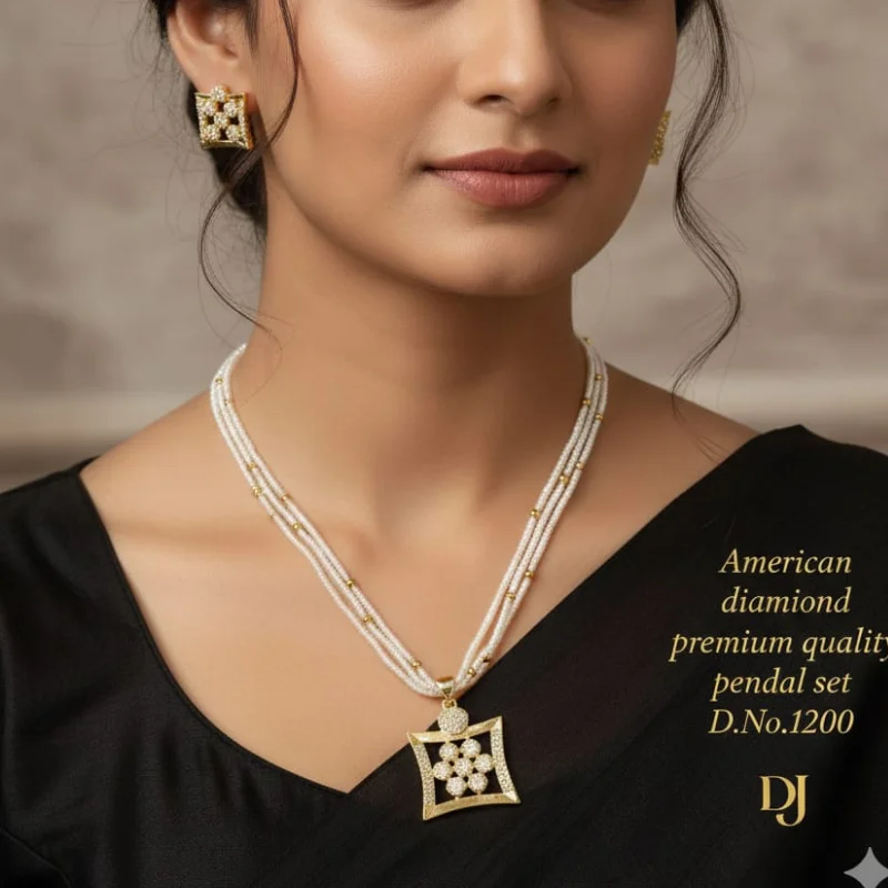 999 pm (7) Dreamjwell Premium American Diamond Square Floral Pendant Set with Triple-Strand Pearl Necklace